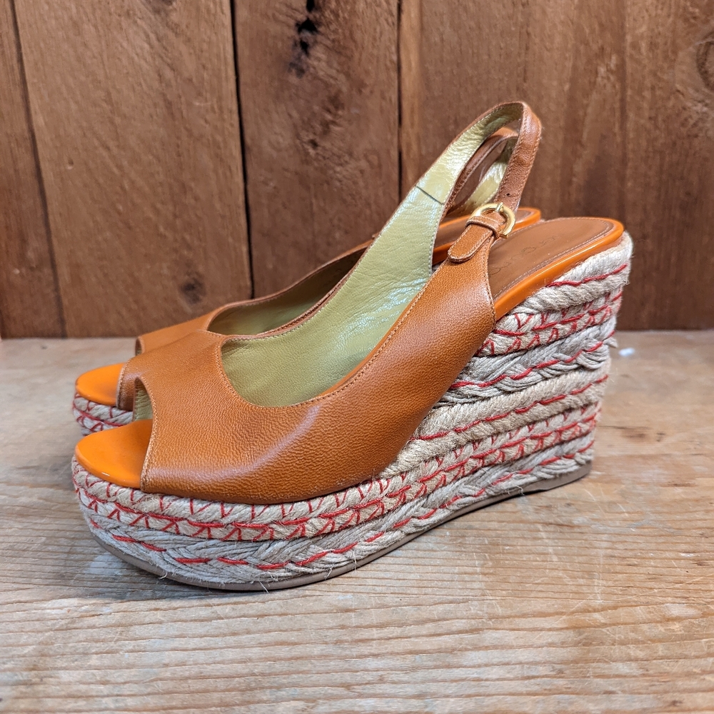 Sergio Rossi slingback wedge‎ espadrilles orange, raffia leather size 37 spain - Picture 4 of 5